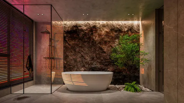 Bu göz kamaştırıcı banyo, serbest bir küvet, doğal taş duvar ve yeşillik ile mükemmel bir lüks ve doğa karışımı oluşturan zarif bir tasarım sergiliyor. 3 Boyutlu Hazırlama