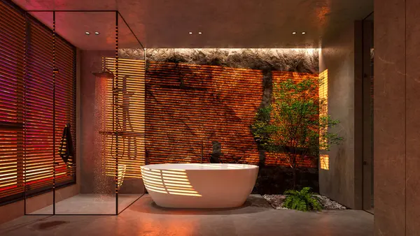 Bu çağdaş banyo, rahatlamak için sakin ve lüks bir atmosfer sağlayan çarpıcı bir açık duş, serbest küvet ve doğal elementlere sahiptir. 3 Boyutlu Hazırlama