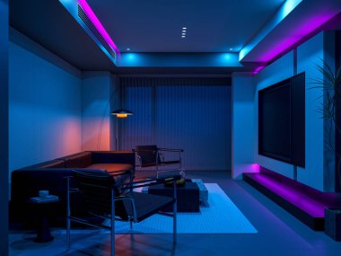 Bu resim, rahatlama ve sükuneti çağrıştıran rahat ve şık bir atmosfer için tasarlanmış canlı LED ışıklarla aydınlatılmış modern bir oturma odasını gösteriyor. 3 Boyutlu Hazırlama