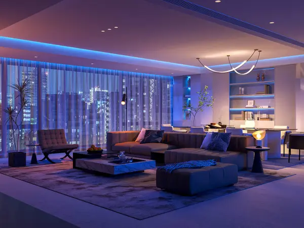 Modern oturma odası canlı mavi ve mor LED ışıklandırmayla dönüşür. Renkli ışıklar şehir gece görüşünü güçlendirir, dinamik ve çekici bir ortam yaratır. 3 Boyutlu Hazırlama.