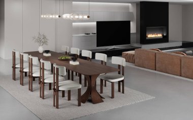 Modern bir şöminesi ve alçak bir birimin üzerine kurulmuş büyük bir televizyonu olan oturma odası. Koltuk ön planda görünür, maddenin dokusunu vurgular. 3 Boyutlu Hazırlama