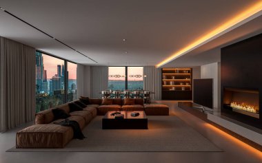 Akşamları oturma odasının geniş bir manzarası. Büyük, kahverengi bir kanepe, alçak bir kahve masası ve alacakaranlıkta büyük cam duvarların arasından şehrin ufuk çizgisi. Sıcak, bastırılmış ışıklandırma (Tavan boyunca ve f üzerinde LED şeritler