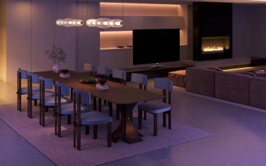 Aynı yemek alanının gece manzarası. Burada, sıcaklık tonlarını (şömine ve rafların etrafındaki) daha serin, mavimsi mor ışıkla birleştiren, sandalye ve masayı aydınlatan, daha dramatik ve sofistike bir ortam aydınlatması üzerinde duruluyor.