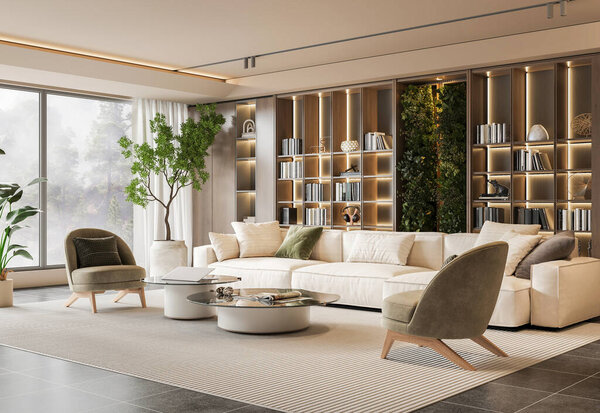 Living room in a nighttime ambiance. Artificial lighting takes center stage, with emphasized lights within the shelving unit creating a warm and intimate atmosphere. 3D render.