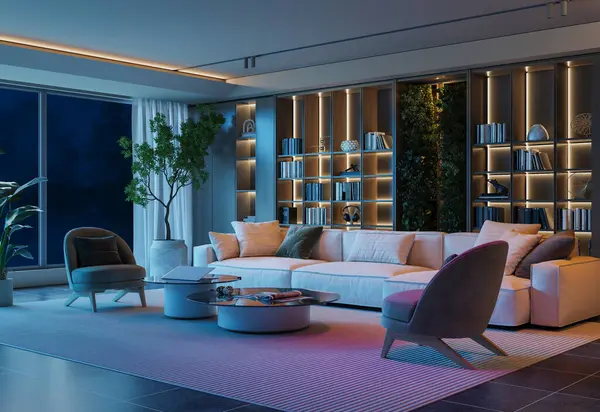 Gece atmosferinde oturma odası. Yapay ışıklandırma sahnenin ortasında yer alır, raf ünitesinin içinde vurgulanmış ışıklar sıcak ve samimi bir atmosfer yaratır. 3 Boyutlu Hazırlama.