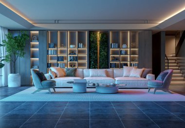 Geceleri modern oturma odası, beyaz bir kanepe ve aydınlatılmış kitaplık rahat ve sofistike bir atmosfer yaratıyor. Mavi ve ılık aksanlı ışıklandırma çağdaş tasarımı geliştirir. 3 Boyutlu Hazırlama,