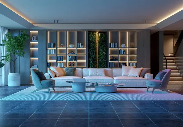 Geceleri modern oturma odası, beyaz bir kanepe ve aydınlatılmış kitaplık rahat ve sofistike bir atmosfer yaratıyor. Mavi ve ılık aksanlı ışıklandırma çağdaş tasarımı geliştirir. 3 Boyutlu Hazırlama,