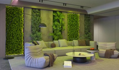 Aydınlatılmış yosun duvar panelleri, modern mobilyalar ve odaklanmış ışıklandırması olan şık bir oturma odası. Gösterişli bir lamba ve rahat tekstil modern, doğadan esinlenilmiş görünümü tamamlıyor. 3d hazırlayıcı.