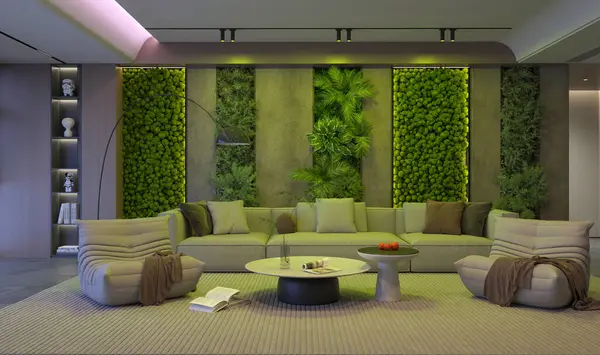 Çarpıcı yeşil duvarı, peluş koltukları ve merkezi bir kanepesi olan çağdaş oturma odası. Simetrik tasarım ve yumuşak ışıklandırma modern estetiği geliştirir. 3d hazırlayıcı.
