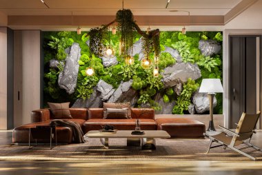 Modern yaşam alanına büyük, canlı bir yosun ve kaya özellikli duvar hakim. Kahverengi deri bir kanepe, parlak bir kahve masası ve eşsiz bir kolye ışığı bu doğadan esinlenilmiş iç mekanı tamamlıyor. 3 Boyutlu Hazırlama.