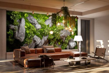 Geniş yosun ve kaya özellikli duvar sergilenen modern oturma odasının yan perspektifi. Kahverengi deri bölmeli kanepe, eşsiz ışıklandırma, ve çağdaş koltuk doğa aşılanmış tasarımı tamamlar. 3 Boyutlu Hazırlama.