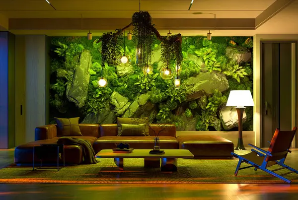 Göz kamaştırıcı, aydınlık yosun ve kaya duvarlı lüks bir oturma odası. Sıcak kolye ışıkları ve yer lambası rahat, dramatik bir ortam yaratır. Deri bir kanepe ve modern bir koltuk. 3 Boyutlu Hazırlama.