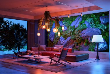 Geceleri atmosferik oturma odasında etkileyici bir yosun ve kaya duvarı var. Sıcak kolye ışıkları ve serin ortam renkleri büyüleyici, modern ve samimi bir ortam yaratır. 3d hazırlayıcı,