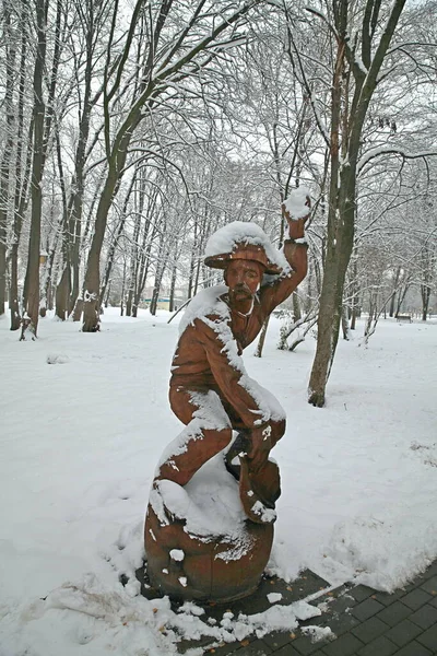 Ukrayna Nın Khmelnytskyi Kentindeki Chekman Parkında Karla Kaplı Tahta Heykeller — Stok fotoğraf