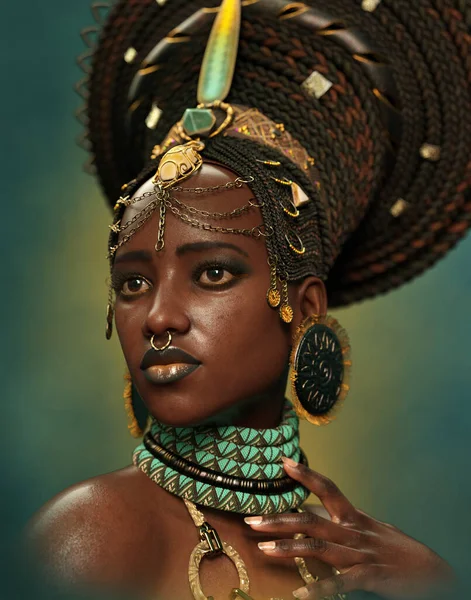 Компьютерная Графика Портрета Африканской Красавицы Украшениями Головным Убором — стоковое фото