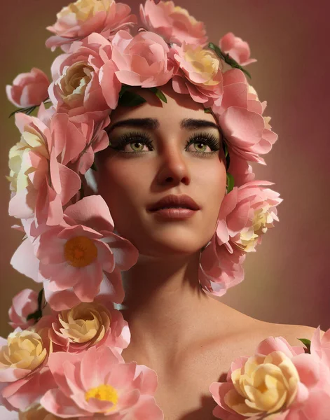 一个头上装饰着花朵的美女的3D计算机图形 — 图库照片