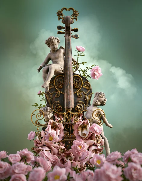 Computer Graphics Vintage Violin Cherubs Flowers — Stock Photo, Image