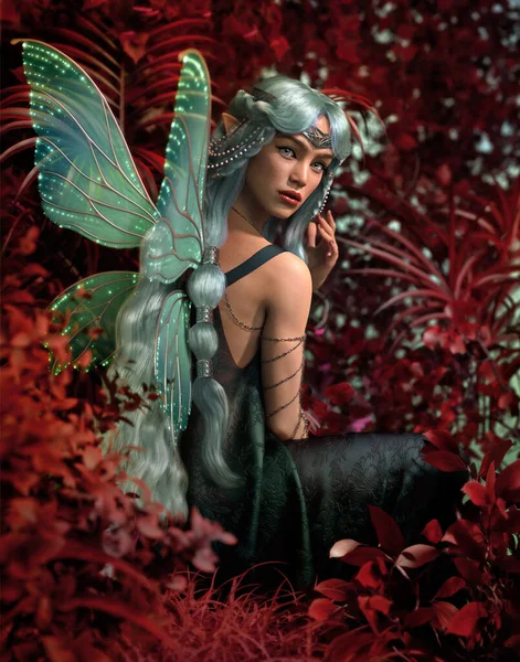 一个仙女坐在红叶森林里的3D计算机图形 — 图库照片