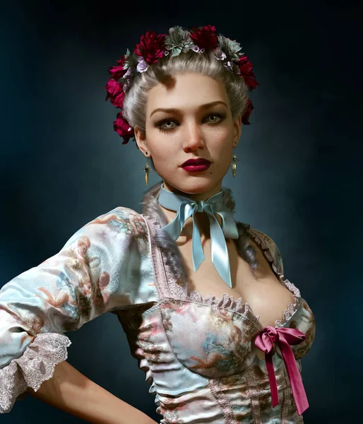 Rococo Style Elbise Giyen Bir Kadının Bilgisayar Grafikleri Yapay Zeka — Stok fotoğraf