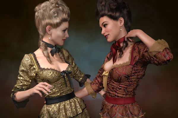 Computer Graphics Two Girls Clothing Haircut Rococo Style Generated — Stock Photo, Image