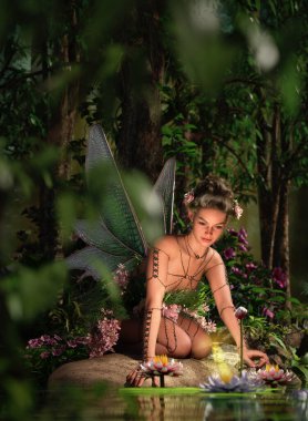 3d computer graphics of a fairy kneeling at a water lily pond