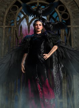 3d computer graphics of a lady with a fantasy dress, raven wings and Crows on her shoulder and her head (NOT AI generated)