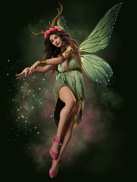緑のドレスと緑の翼を持つ飛行妖精の3Dコンピュータグラフィックス — ストック写真