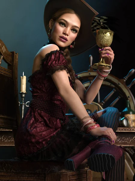3Dコンピュータグラフィックスの女性海賊とともに彼女の手にゴブレット — ストック写真