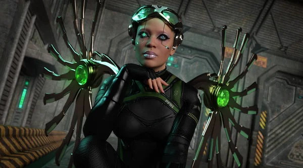 Computergrafik Einer Weiblichen Cyborg Mit Metallischen Flügeln lizenzfreie Stockbilder