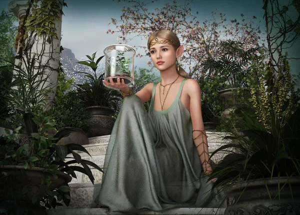 3Dコンピュータグラフィックス 階段に座って彼女の手の植物とグラスを持って ストック写真