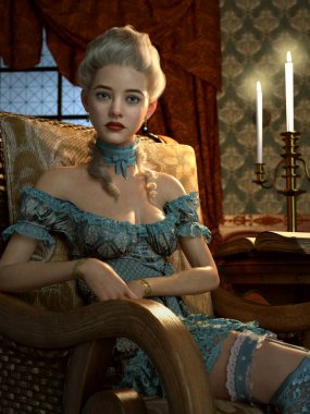 3 boyutlu bilgisayar grafikleri, fırfırlı elbiseli bir kızın koltukta oturduğunu gösteriyor.