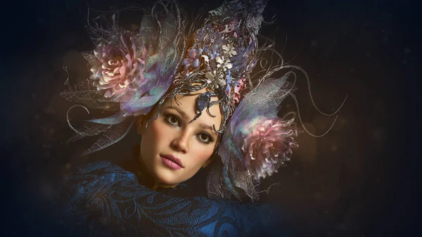 Computergrafik Einer Frau Mit Einer Prachtvollen Fantasie Kopfbedeckung Stockbild