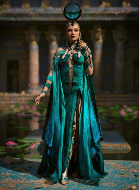 Mısır tanrıçası Isis 'in 3 boyutlu bilgisayar grafikleri. Nilüfer havuzlu bir tapınakta.