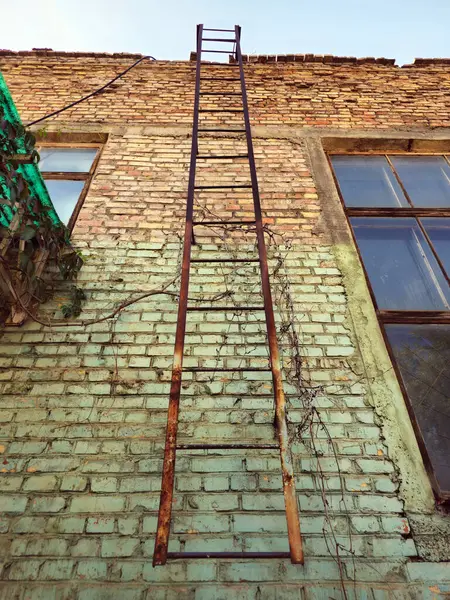 Tepeye çıkan paslı merdivenler. Harap olmuş bir binanın merdivenleri. Paslı merdivenleri olan terk edilmiş bir bina..