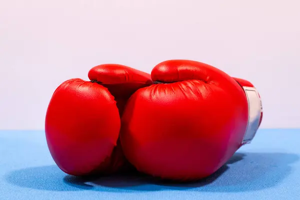 Kırmızı boks eldivenleri mavi bir yüzeye yerleştirilmiş ve hafif bir arka planı var. Spor temaları, dövüş eğitimi ve fitness motivasyonu için ideal görüntü.