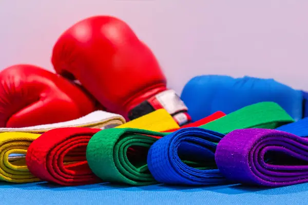 Mavi ve beyaz arka planda renkli dövüş sanatları kemerleri ve boks eldivenleri. Disiplin, spor başarıları, dövüş ruhu ve dövüş sanatları eğitimi kavramı. 