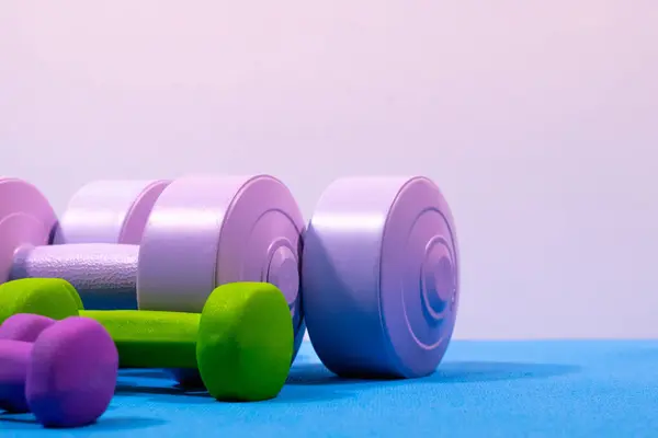 Farklı boyutlarda renkli halterler seti (pembe, yeşil, mor) mavi bir egzersiz paspasına güzelce yerleştirilmiştir. Formun, spor salonunun ve sağlıklı yaşamın mükemmel bir temsilidir..