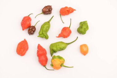 Carolina Reaper, the hottest chile peppers Capsicum chinense, whole ripe pod, isolated on white background. 