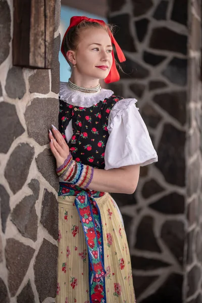 Beautiful Young Girl Slovak Folk Costume — Stock Photo, Image