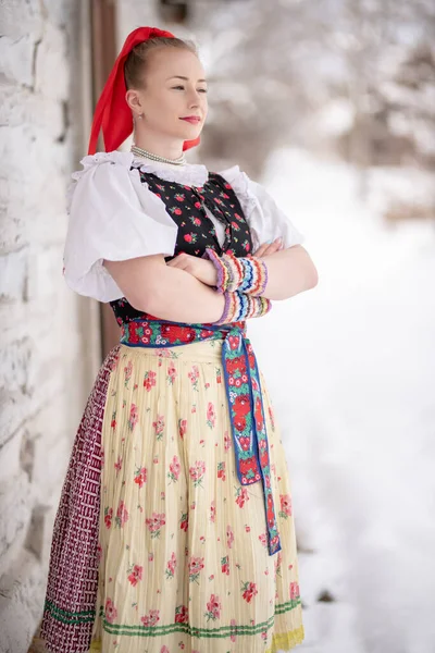 Young Beautiful Slovak Woman Traditional Costume Slovak Folklore — Stock Photo, Image