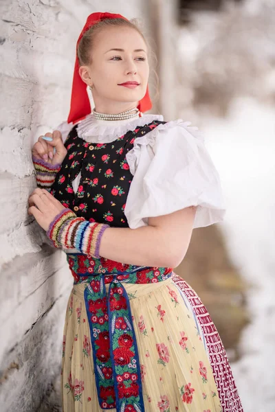 Beautiful Slovak Girl Posing Traditional Costume — Stock Photo, Image
