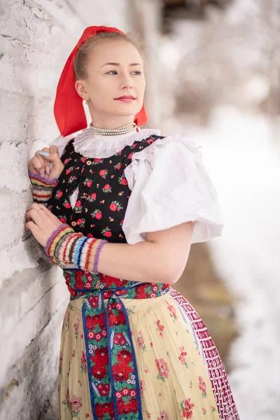 Jovem Bela Mulher Eslovaca Vestido Tradicional — Fotografia de Stock