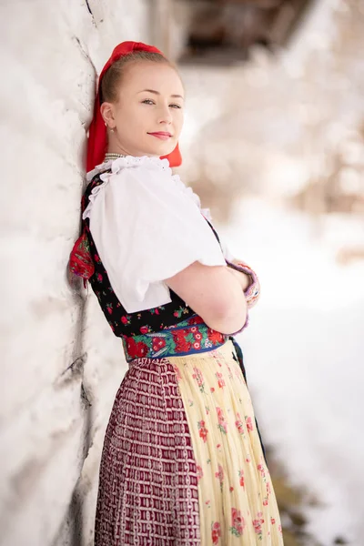 Beautiful Young Slovak Girl Traditional Costume — Stock Photo, Image