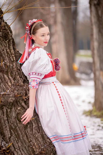 伝統的なドレスで若い美しいスロバキアの女性 スロバキア民俗 — ストック写真
