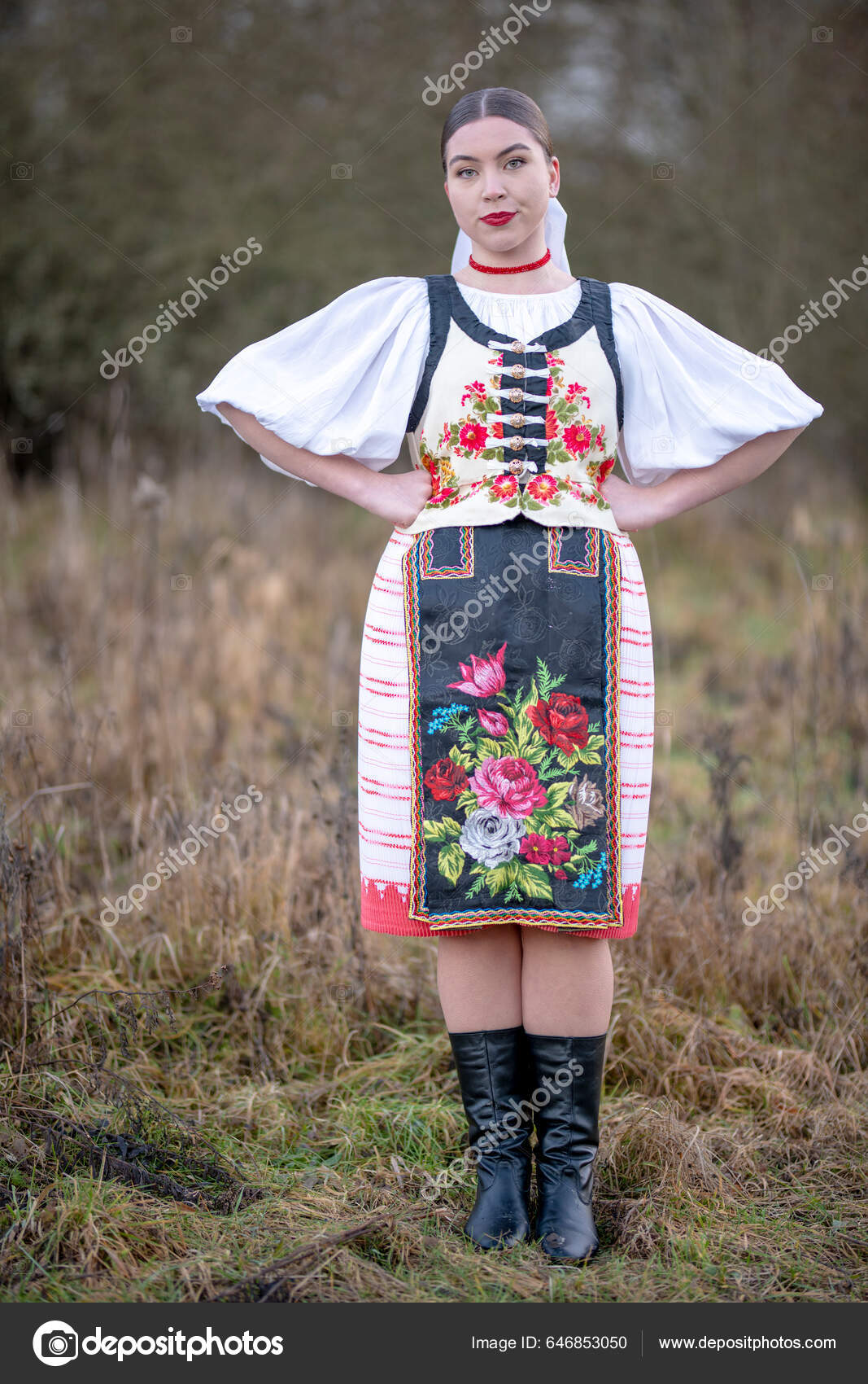Young Beautiful Slovak Woman Traditional Dress Slovak Folklore