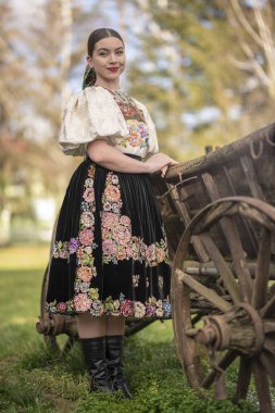 Geleneksel elbiseli, güzel, Slovak kadın. Slovakça folklor