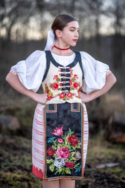 Geleneksel elbiseli, güzel, Slovak kadın. Slovakça folklor