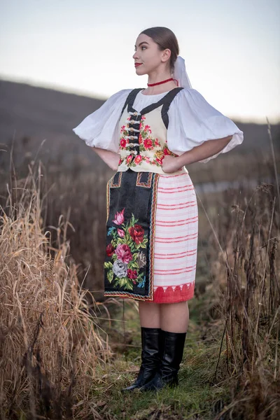 Mladá Krásná Slovenská Žena Tradičních Šatech Slovenský Folklór — Stock fotografie