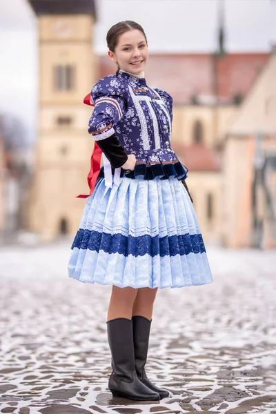 Beautiful Woman Wearing Traditional Eastern Europe Folk Costumes Slovak Folk — Stock Photo, Image