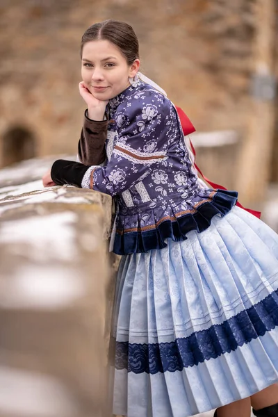 Beautiful Woman Wearing Traditional Eastern Europe Folk Costumes Slovak Folk — Stock Photo, Image
